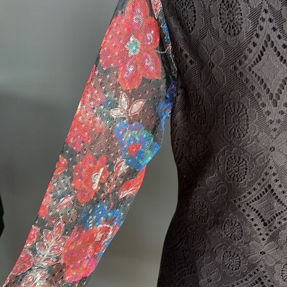 Desigual Pichi lined black lace body, mesh floral print long sleeve fitted midi - Picture 6 of 9